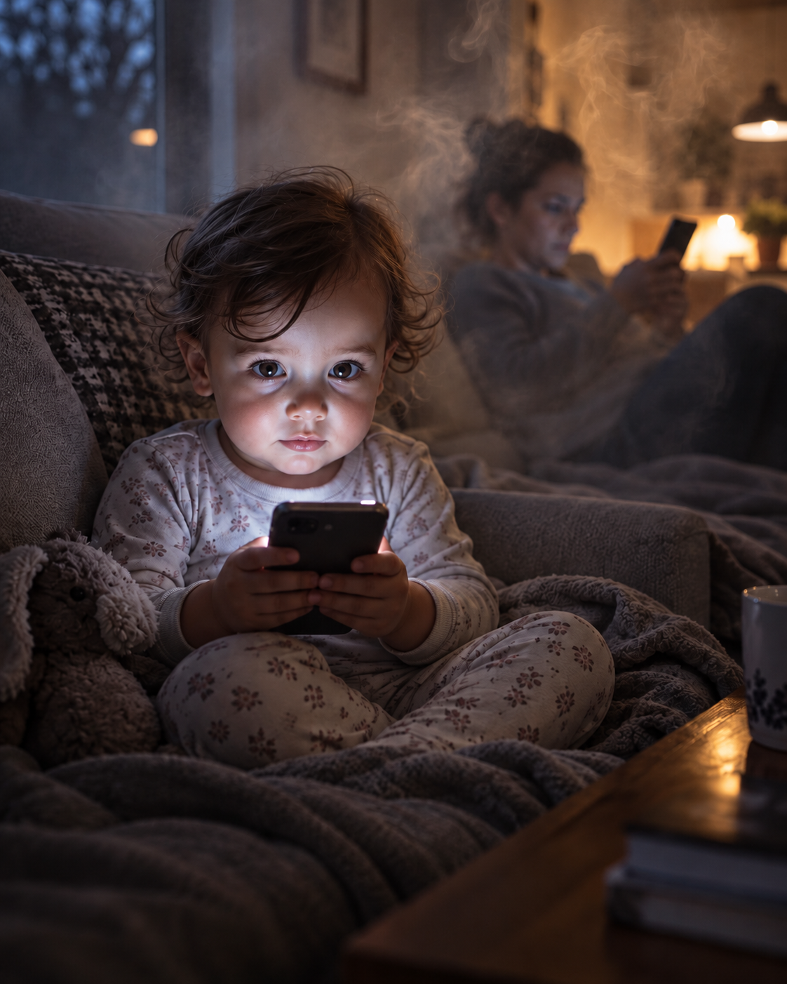 Kisgyermek a kanapén a telefonja világító képernyőjére hajol, mögötte a szülő a saját telefonját nézi, a háttérben gomolygó köd
