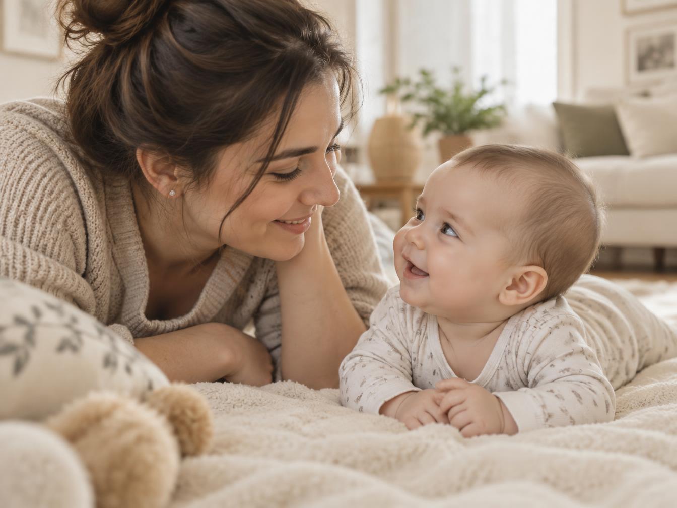 Édesanya és babája szemtől szemben, mosolyogva