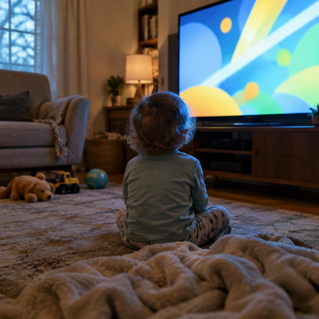 Kisgyermek hátulról, közel ül a világító televízióhoz, és azt nézi
